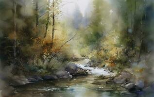 peindre une aquarelle paysage de une forêt avec une enroulement courant ou rivière, avec détaillé des arbres, feuillage, et reflets sur le eau, produire ai photo