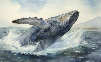 une baleine briser dans une orageux océan aquarelle peinture, magnifique Naturel formes, croustillant nettoyer formes, coloré, blanc arrière-plan, produire ai photo