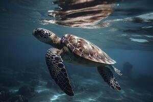 ai illustration de une tortue pris avec pêche filet. le concept de environnement protection. mer, océan tortue avoir besoin à être libéré de pêche filets. non à mort tortues. génératif ai photo