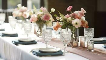 fleur table décorations pour vacances et mariage dîner. table ensemble pour vacances, événement, fête ou mariage accueil dans Extérieur restaurant, produire ai photo