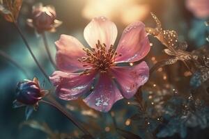 rose fleurs avec le Soleil brillant par le des nuages dans le Contexte et le herbe dans le premier plan est une champ de violet fleurs. génératif ai photo