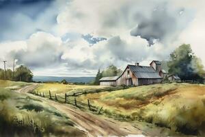 une aquarelle La peinture de une rural campagne scène, avec une pittoresque ferme ou Grange, roulant collines, et une bleu ciel avec duveteux des nuages, produire ai photo