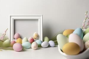 coloré Pâques des œufs avec blanc Cadre copie espace , génératif ai photo