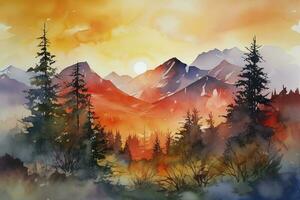 peindre une aquarelle paysage de une Montagne intervalle avec enneigé pics, avec une vibrant le coucher du soleil ciel et complexe détails de rochers et des arbres, produire ai photo