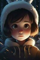 hyper détaillé portrait illustration dans le style de disney Pixar et il y a Kuvshinov, dans une magique embrasé hiver forêt, chibi lapin, pétillant blanc fourrure, produire ai photo