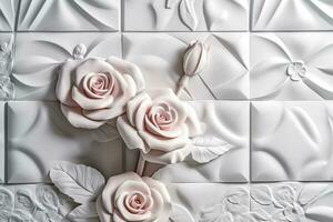 3d classique fond d'écran. Rose fleurs sur une lumière gris Contexte avec carrés et ondulé formes. pour mur Accueil décor, produire ai photo