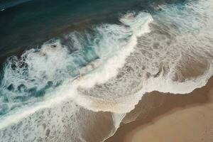 océan vagues sur le plage comme une Contexte. magnifique Naturel été vacances vacances Contexte. aérien Haut vers le bas vue de plage et mer avec bleu l'eau vagues, produire ai photo