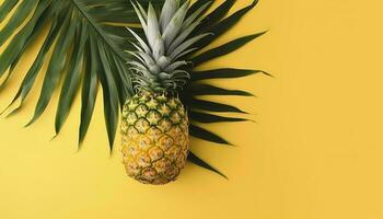 Haut vue de Frais ananas avec tropical feuilles sur Jaune Contexte , produire ai photo