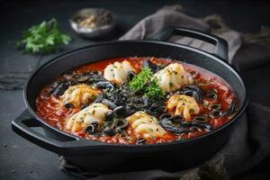 traditionnel italien spaghetti Al nero di sépia avec calamar encre dans tomate sauce servi comme fermer dans une fonte la poêle sur une en bois conseil, produire ai photo