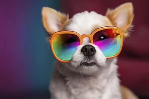 mignonne chiot avec coloré des lunettes de soleil , symbolique de lgbtq campagne , génératif ai photo