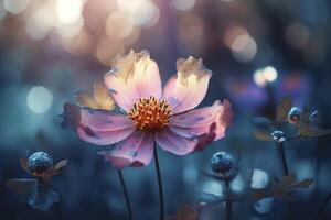 rose fleurs avec le Soleil brillant par le des nuages dans le Contexte et le herbe dans le premier plan est une champ de violet fleurs. génératif ai photo