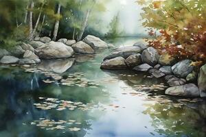 une aquarelle La peinture de une paisible Lac ou étang scène, avec complexe détails de l'eau ondulations, rochers, et feuillage, produire ai photo