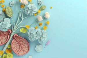 Humain foie avec fleurs, pastel couleurs, sur bleu arrière-plan, 3d rendre et illustration, produire ai photo