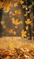 en volant tomber érable feuilles sur l'automne Contexte. chute feuilles, saisonnier bannière avec l'automne feuillage, produire ai photo