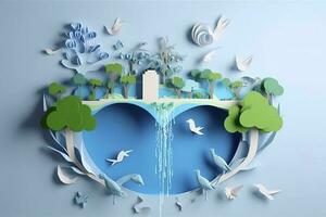 papier art , environnement protection et enregistrer Terre l'eau , écologie et monde l'eau journée , économie l'eau et monde environnement journée , produire ai photo