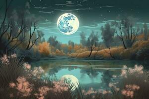 nuit paysage environnement récolte lune plus de une étincelant Lac luxuriant végétation bois de bouleau des arbres, fleurs, magique galaxie. 3d dessin numérique art, produire ai photo