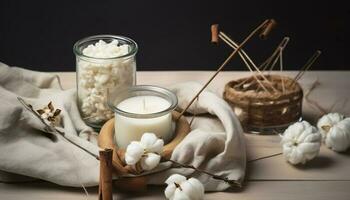 de base ensemble pour fait maison Naturel blanc éco soja la cire bougies dans verre, mèche, parfum. idée pour une passe-temps, entreprise. fabrication branché DIY bougies sans pour autant nuire à santé sur blanc arrière-plan, produire ai photo