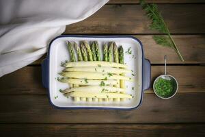 traditionnel à la vapeur blanc asperges avec Hollandaise sauce et herbes comme une Haut vue dans un émail plateau sur un vieux bois table avec copie espace sur le droite, produire ai photo