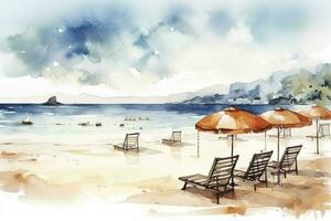 magnifique plage bannière. blanc sable, chaises, et parapluie Voyage tourisme large panorama Contexte concept. incroyable plage aquarelle paysage aquarelle peinture, produire ai photo