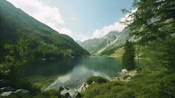 tatra nationale parc, une Lac dans le montagnes à le aube, produire ai photo