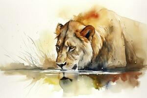 une Lion en buvant de une rivière à le coucher du soleil aquarelle peinture, magnifique Naturel formes, croustillant nettoyer formes, coloré, blanc Contexte , produire ai photo