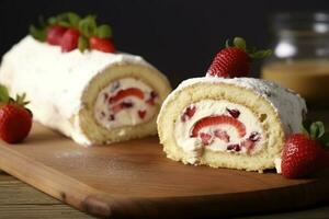 délicieux gâteau rouleau avec des fraises et crème sur en bois conseil, fermer, produire ai photo