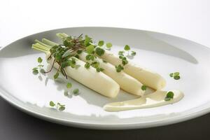 moderne style traditionnel à la vapeur blanc asperges avec guéri jambon et Hollandaise sauce servi comme Haut vue sur une nordique conception assiette avec copie espace, produire ai photo