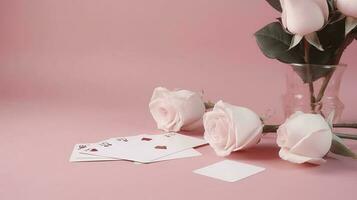 Vide circulaire Plate-forme pour produit présentation avec papier des roses sur rose Contexte copie espace verticale photo, produire ai photo