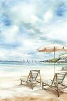 magnifique plage bannière. blanc sable, chaises, et parapluie Voyage tourisme large panorama Contexte concept. incroyable plage aquarelle paysage aquarelle peinture, produire ai photo