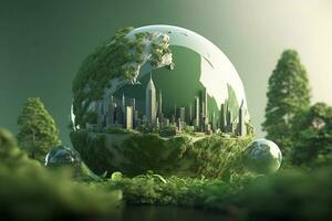 papier art , vert planète Terre de sphère futuriste , cristal Terre planète vert forêt ville , produire ai photo