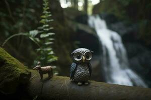 une homme se rencontre une géant mystique hibou dans le forêt , produire ai photo