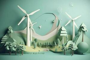 papier art, renouvelable énergie avec vert énergie tel comme vent turbines, renouvelable énergie par 2050 carbone neutre énergie, énergie consommation, et co2, réduire CO2 émission concept, produire ai photo