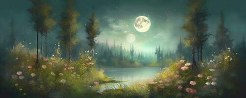 nuit paysage environnement récolte lune plus de une étincelant Lac luxuriant végétation bois de bouleau des arbres, fleurs, magique galaxie. 3d dessin numérique art, produire ai photo