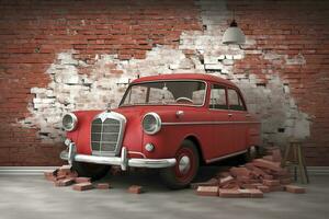 3d mural fond d'écran cassé mur briques et une classique rouge auto. monde carte dans une coloré Contexte. pour enfants et des gamins lit pièce fond d'écran, produire ai photo