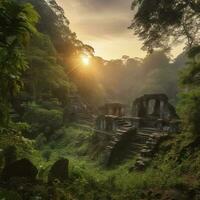 magique portail en dessous de un ancien pierre cambre situé dans le jungle sauvage forêt bleu lueur ancien pierre bâtiments culturel les monuments téléportation à parallèle univers 3d le rendu, produire ai photo