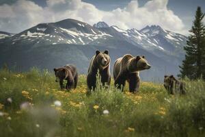 une famille de ours en jouant dans une champ de fleurs sauvages avec une Montagne intervalle dans le arrière-plan, produire ai photo