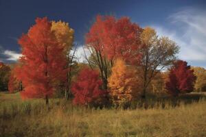 une La peinture de une forêt avec des arbres et feuilles dans le premier plan et le Soleil brillant par le des arbres sur le loin côté de le photo. génératif ai photo