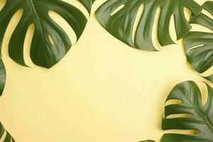 magnifique tropical paume monstera feuilles branche isolé sur pastel Jaune arrière-plan, Haut voir, plat poser, aérien au dessus été beauté Vide conception concept , produire ai photo