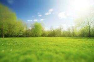 magnifique flou Contexte image de printemps la nature avec une soigneusement taillé pelouse entouré par des arbres contre une bleu ciel avec des nuages sur une brillant ensoleillé jour, produire ai photo