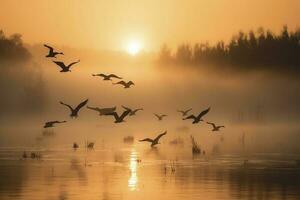 une troupeau de grues prise vol plus de une brumeux, produire ai photo