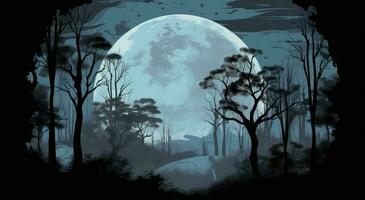 le paysage de une effrayant forêt à nuit, dans le style de réaliste bleu ciels, capricieux illustration, détaillé arrière-plans, gratuit coup de pinceau, produire ai photo