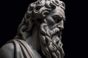 tête de grec Dieu sculpture, statue de une homme avec longue barbe sur foncé Contexte. ai généré image. photo