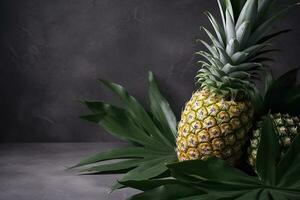 Frais ananas avec tropical feuilles sur gris Contexte. , produire ai photo