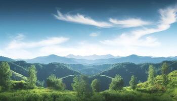monde environnement journée concept, vert montagnes et magnifique bleu ciel des nuages génératif ai photo