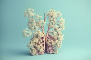 Humain poumons avec fleurs, pastel couleurs, sur bleu arrière-plan, 3d rendre et illustration, produire ai photo