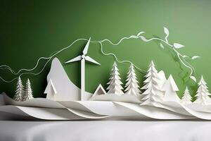 papier art, renouvelable énergie avec vert énergie tel comme vent turbines, renouvelable énergie par 2050 carbone neutre énergie, énergie consommation, et co2, réduire CO2 émission concept, produire ai photo