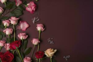 des roses fleur arrangement, copie espace, plat allonger , produire ai photo