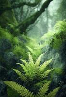 fougère canyon gorge dans Oregon, pierre escalier, trop développé luxuriant végétaux, atmosphérique, cinématographique, très détaillé, éthéré environnement, hyper détaillé architecture, octane déchirer, produire ai photo