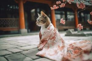 une mignonne miniature chaton dans une magnifique chinois robe, châle mariage robe, mousseline de soie matériel, sol - longueur jupe avec broderie et dentelle, produire ai photo