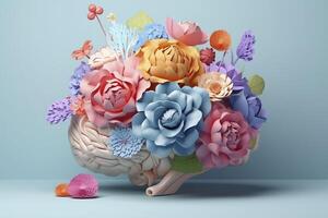 Humain cerveau arbre avec fleurs, soi se soucier et mental santé concept, positif pensée, Créatif esprit, génératif ai photo